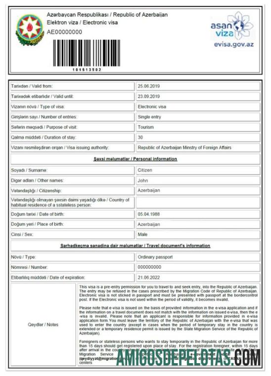 Visto E para AZERBAIJÃO amostra